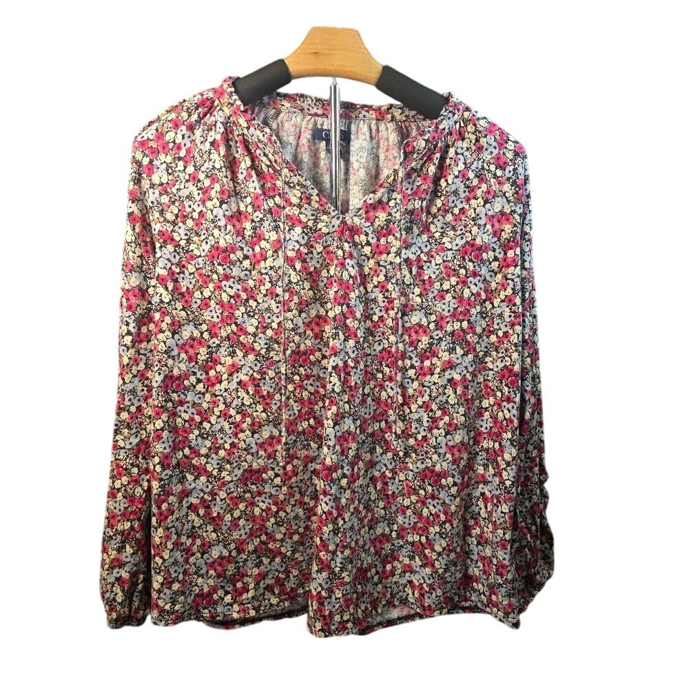 Chaps Womens Pink Blue Floral Cotton Modal Long Sleeve‎ Peasant Blouse Large